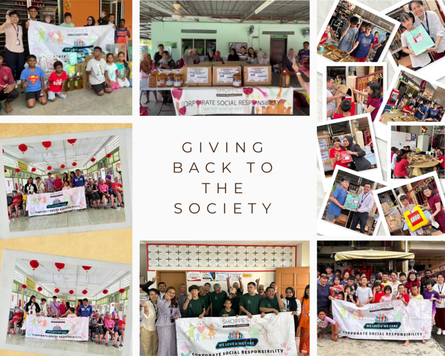 A collage of heartfelt moments from Shoppes at Four Seasons Place’s CSR initiatives, featuring visits to old folks' homes, orphanages, and community outreach programs. Smiling volunteers engage in meaningful activities, including gift-giving, meal-sharing, and interactive sessions with children and the elderly, embodying the spirit of compassion and community support.